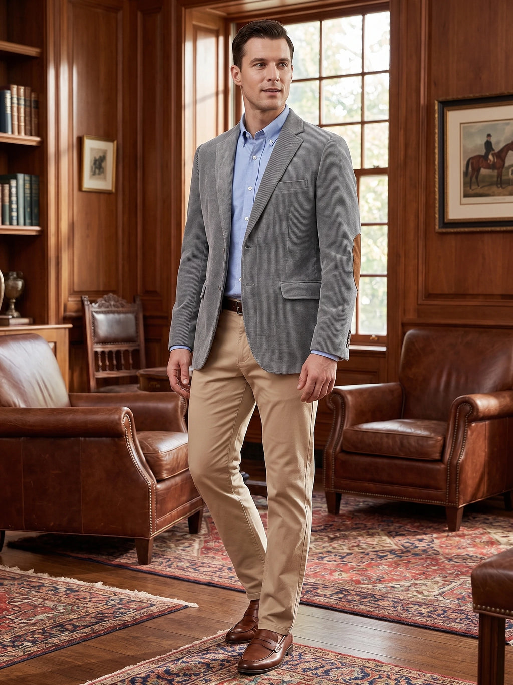 Man wearing a Gray corduroy blazer with elbow patches in a wood-paneled lounge.