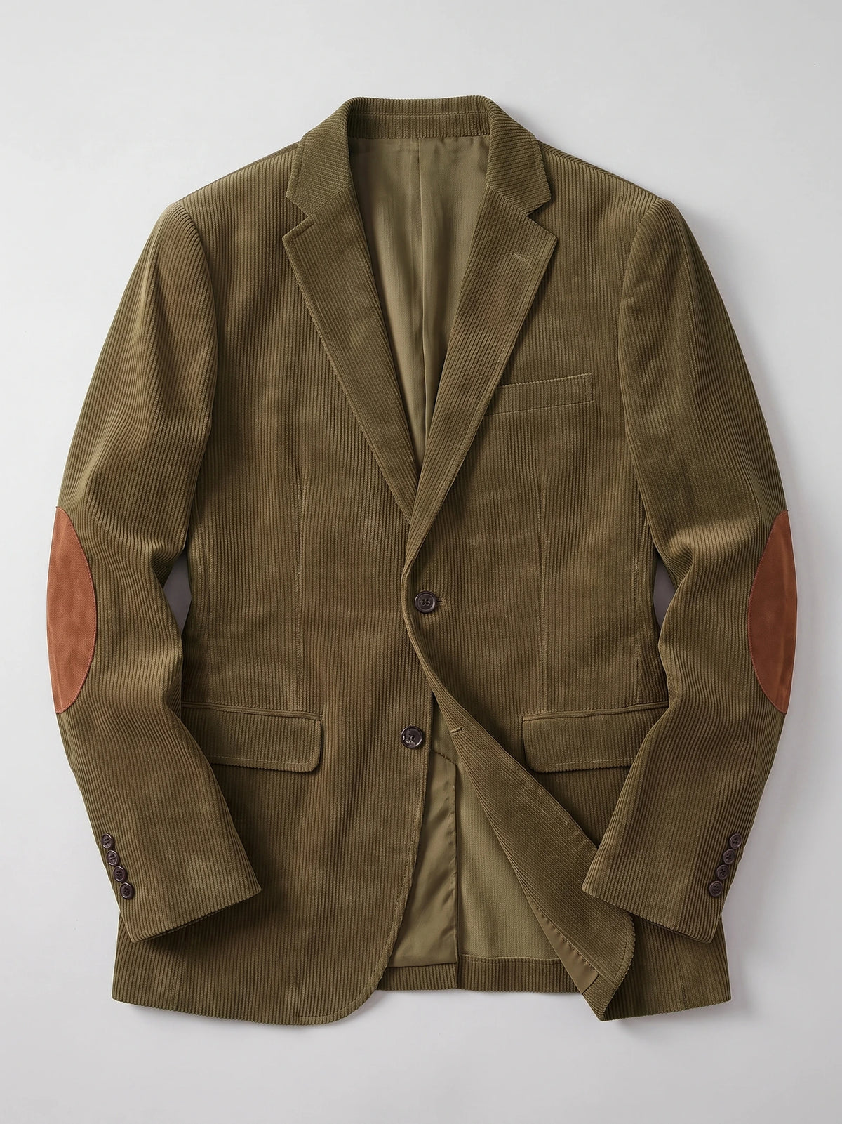 Green corduroy blazer laid flat, showing a notched lapel, button front, flap pockets, and elbow patches.