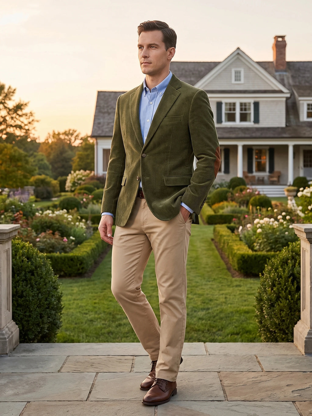 Man wearing a Green corduroy blazer with elbow patches while standing on a garden path outside a house.