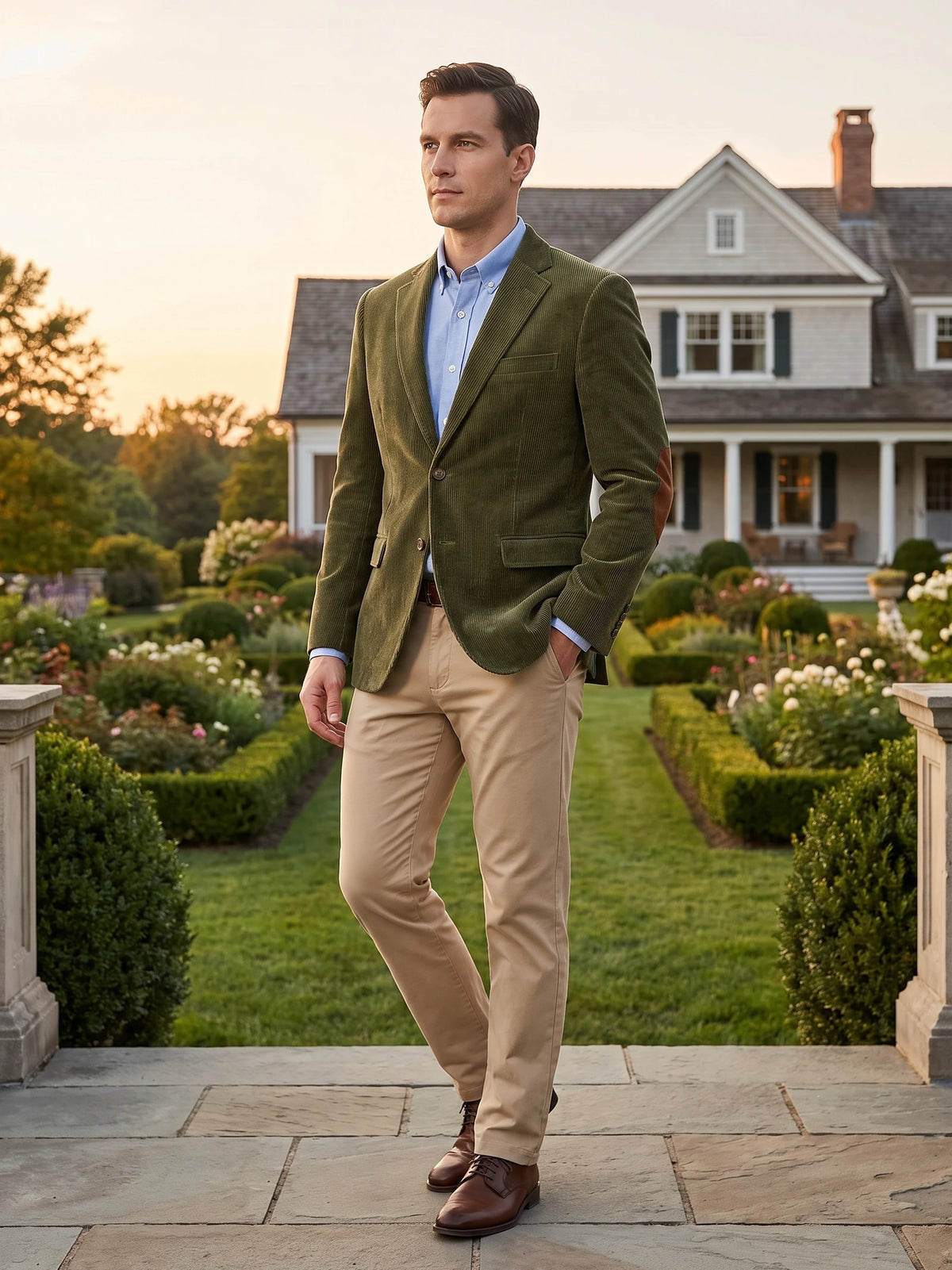 Man wearing a Green corduroy blazer with elbow patches while standing on a garden path outside a house.