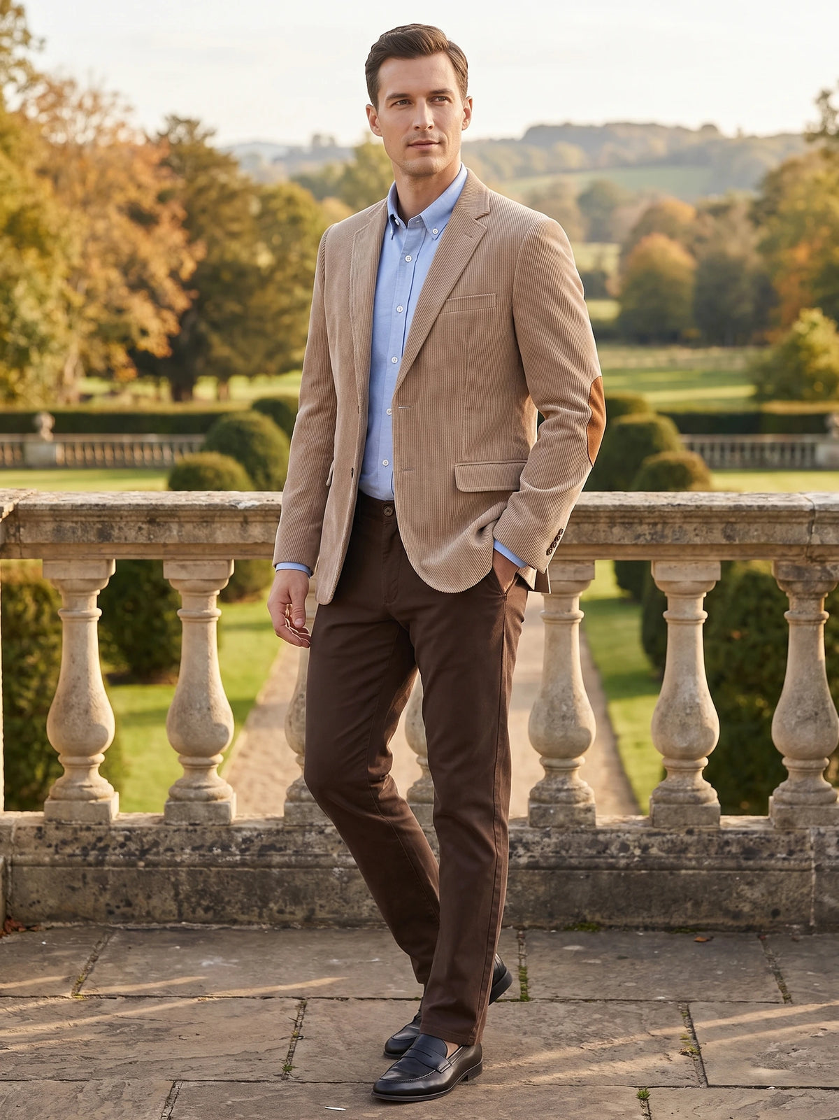 Man wearing a Khaki corduroy blazer with elbow patches on a stone terrace overlooking a landscaped garden.