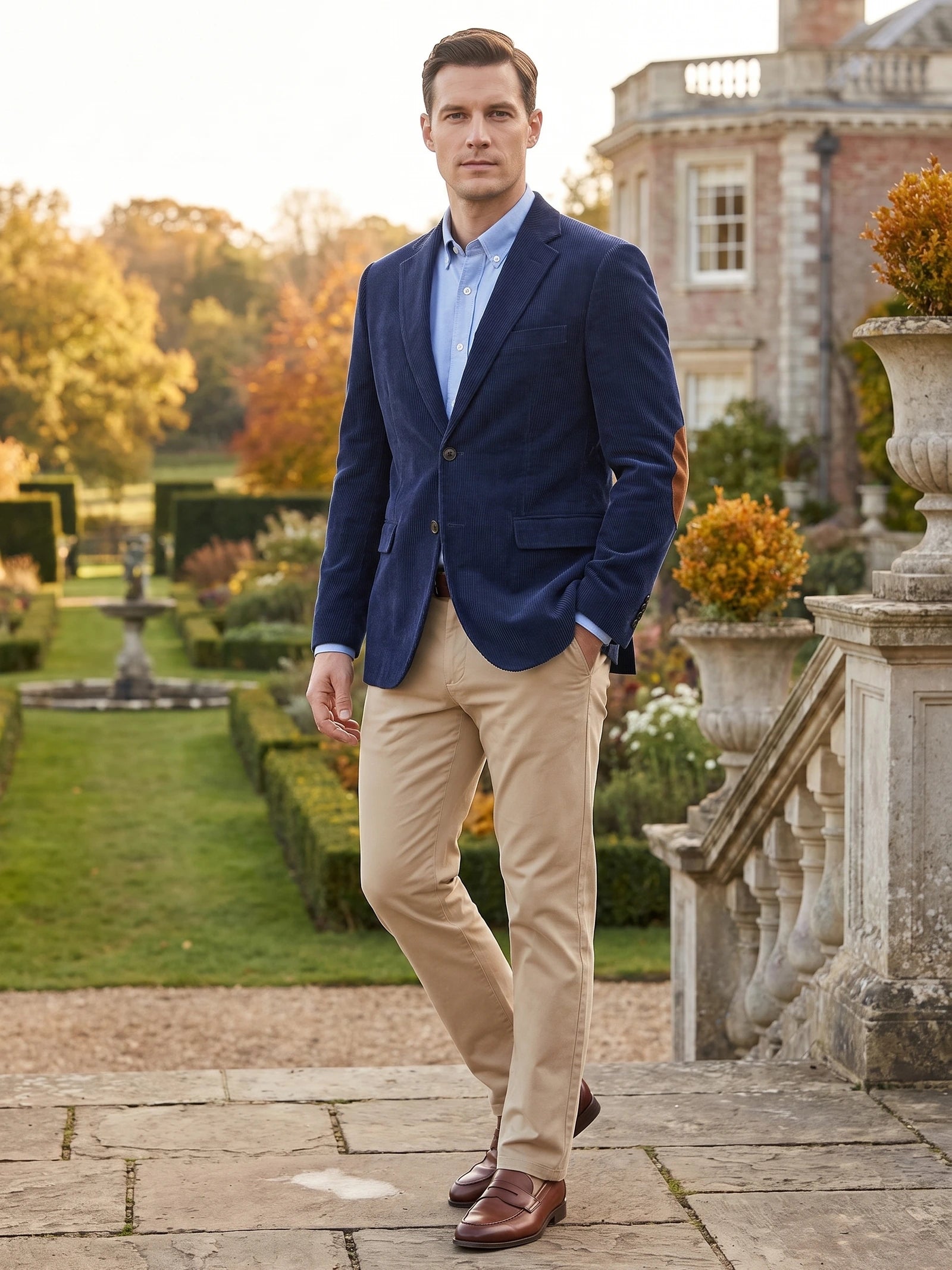 Man wearing a Navy corduroy blazer with elbow patches while walking through a formal garden.