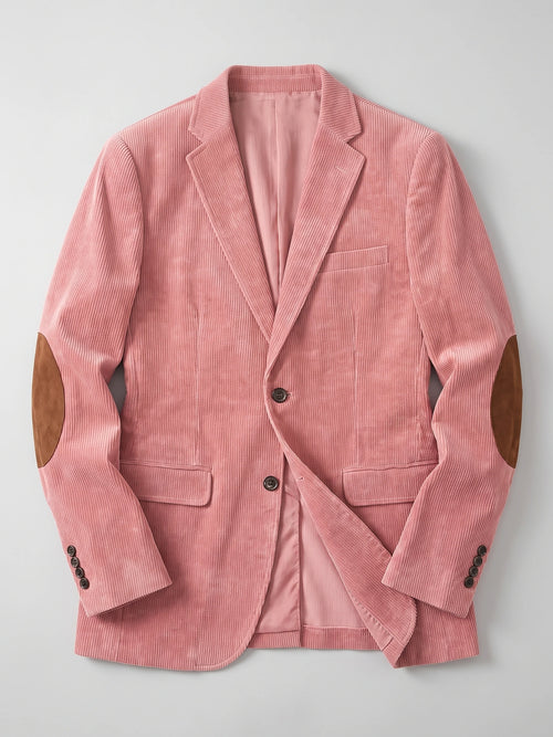 Pink corduroy blazer laid flat, featuring notched lapels, flap pockets, button cuffs, and elbow patches.