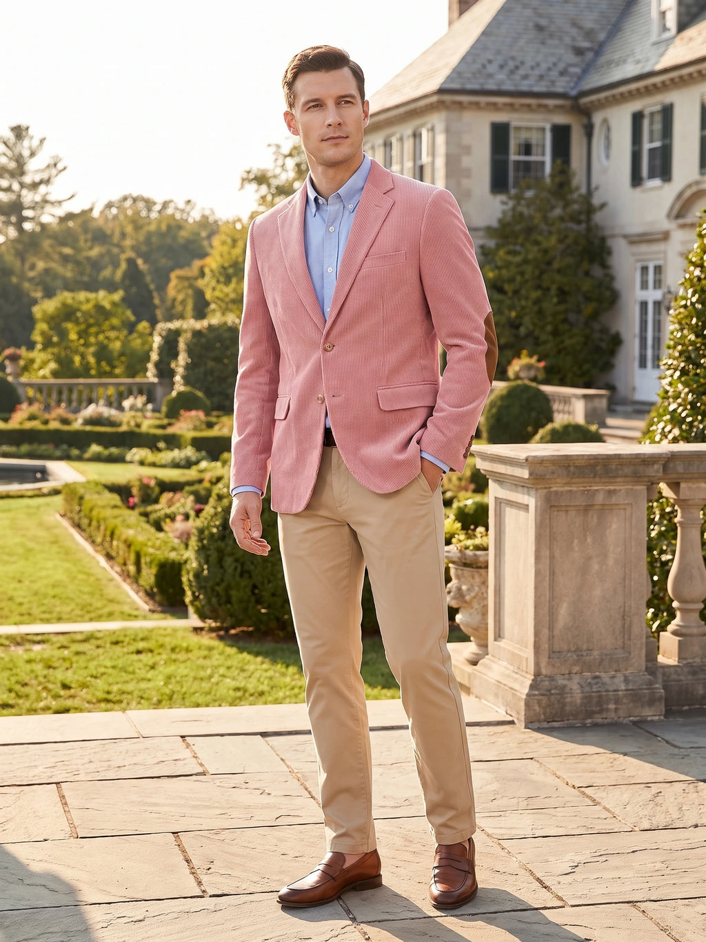 Man wearing a Pink corduroy blazer with elbow patches while standing on a garden patio outside a house.