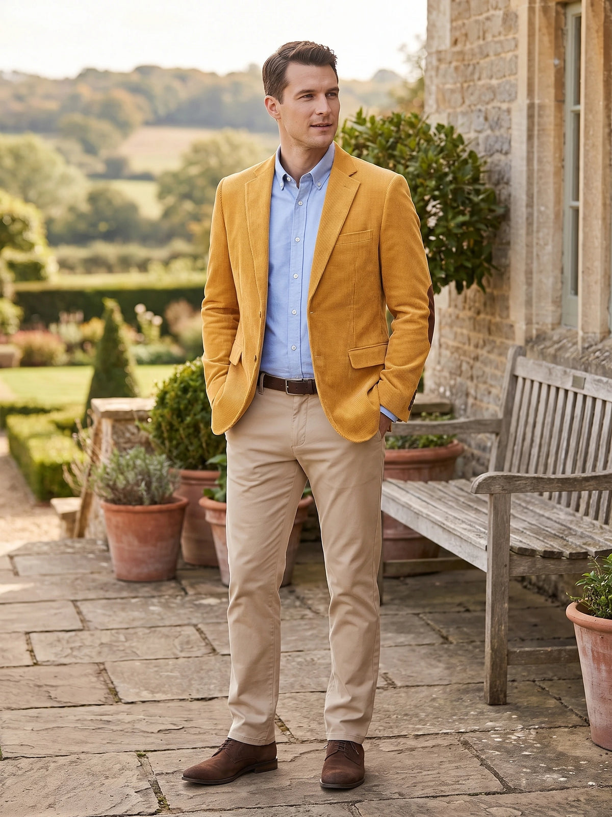 Man wearing a Yellow corduroy blazer with elbow patches in a garden courtyard beside a stone house.