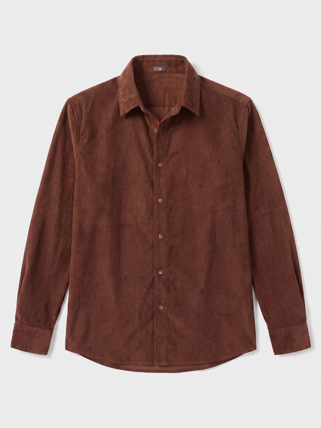 Brown cotton corduroy shirt laid flat, showing the pointed collar, button-front placket, long sleeves, and curved hem.