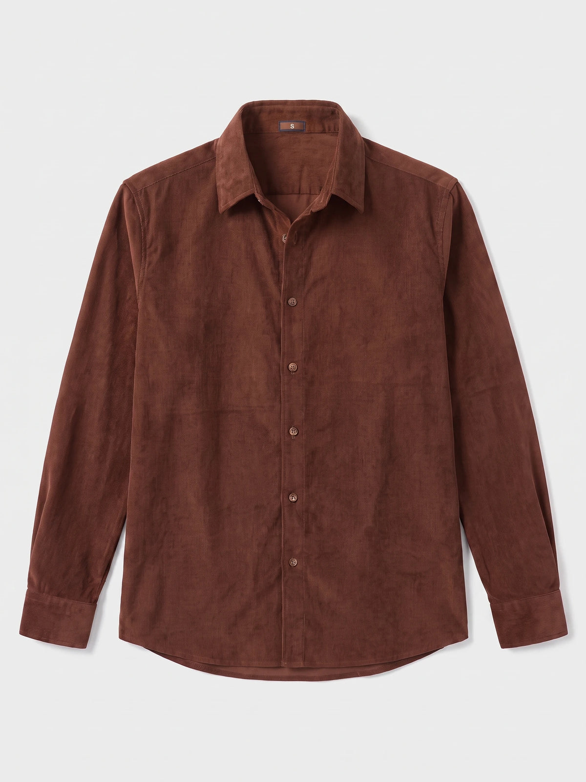 Brown cotton corduroy shirt laid flat, showing the pointed collar, button-front placket, long sleeves, and curved hem.