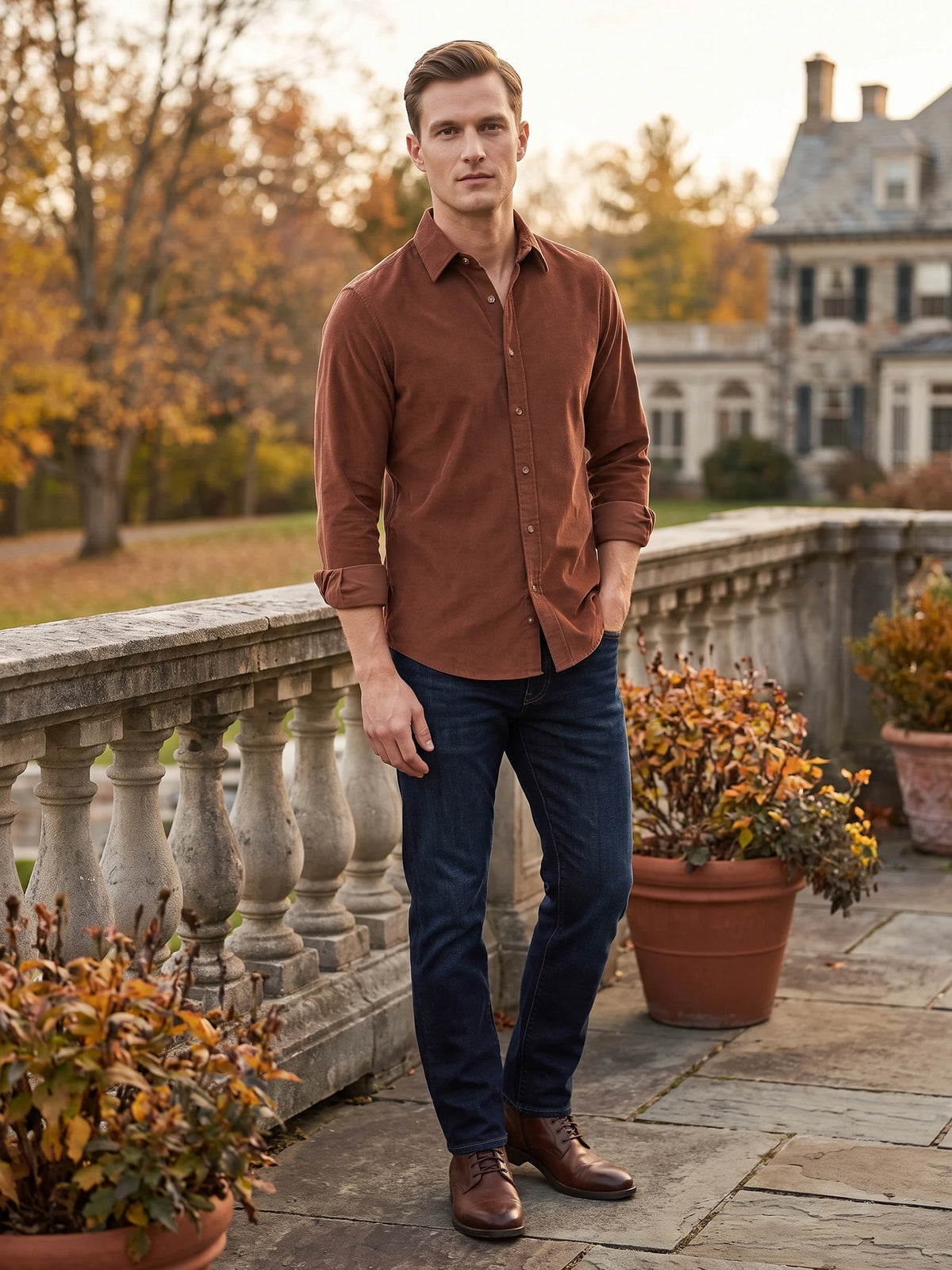 Man wearing a Brown corduroy shirt with rolled sleeves on a garden terrace beside a stone balustrade.
