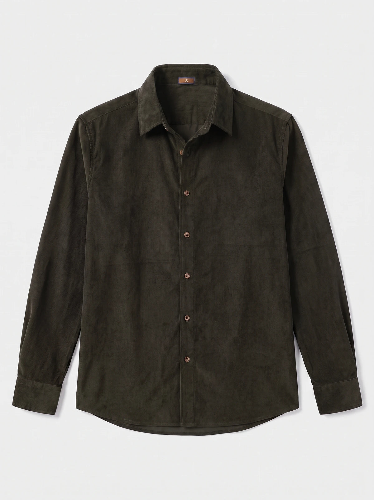 Green cotton corduroy shirt laid flat, featuring a pointed collar, button-front placket, long sleeves, and curved hem.