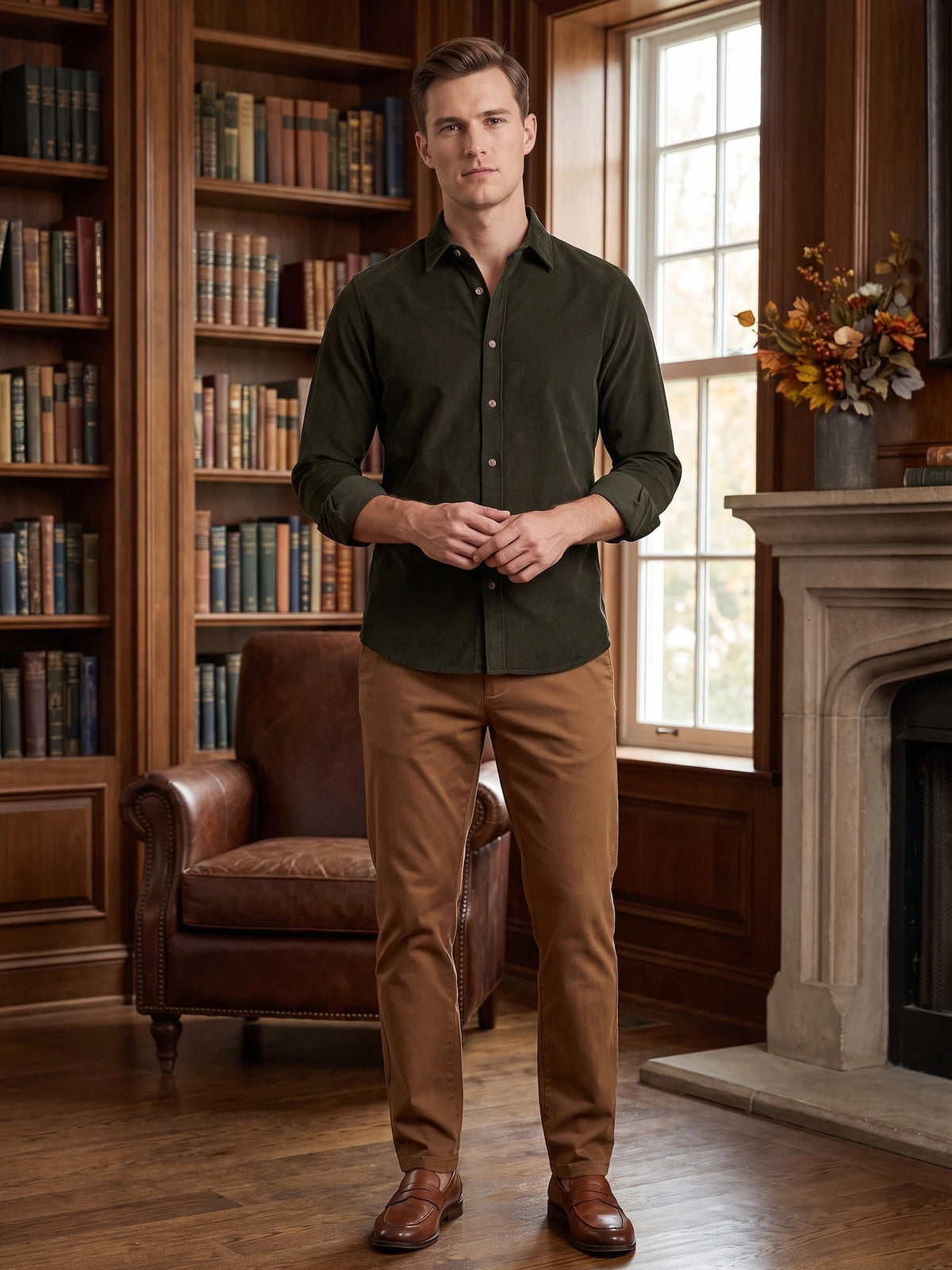 Man wearing a Green cotton corduroy shirt in a book-lined room beside a fireplace.
