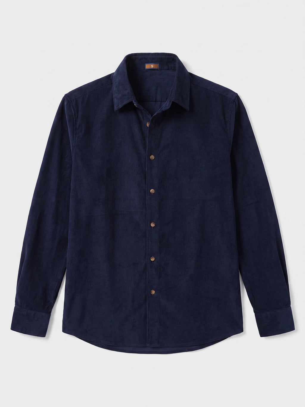 Navy men's Corduroy Shirt laid flat, featuring a pointed collar, button front, long sleeves, and curved hem.