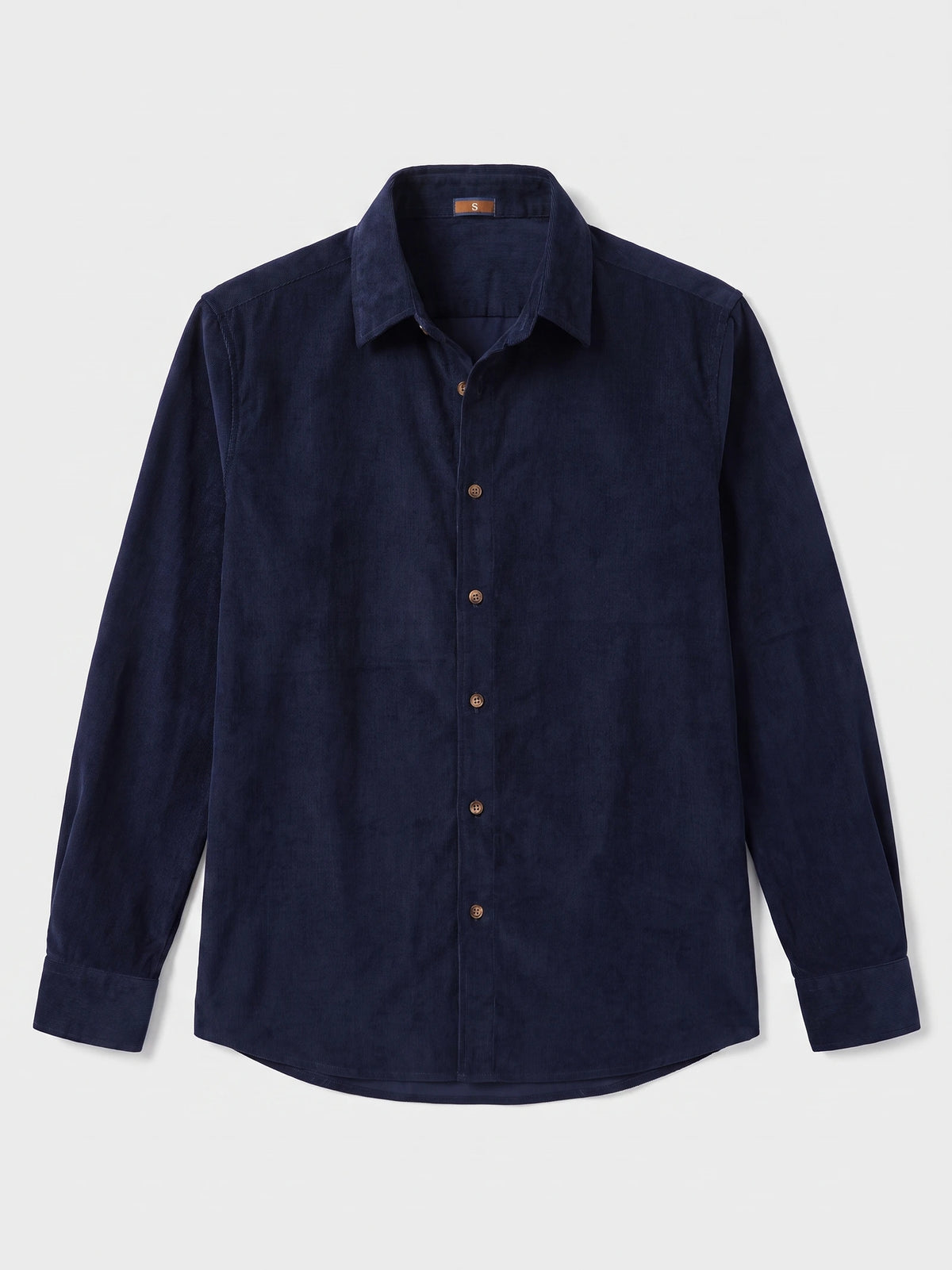Navy men's Corduroy Shirt laid flat, featuring a pointed collar, button front, long sleeves, and curved hem.