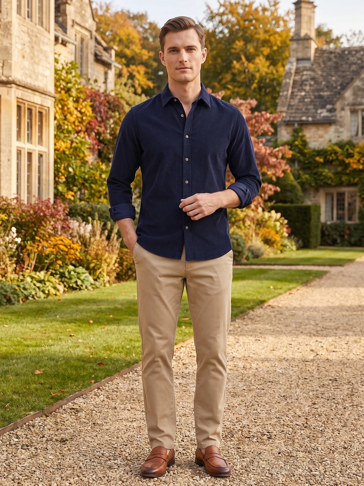 Model wearing a Navy cotton corduroy shirt with rolled sleeves on a garden path outside a stone house.
