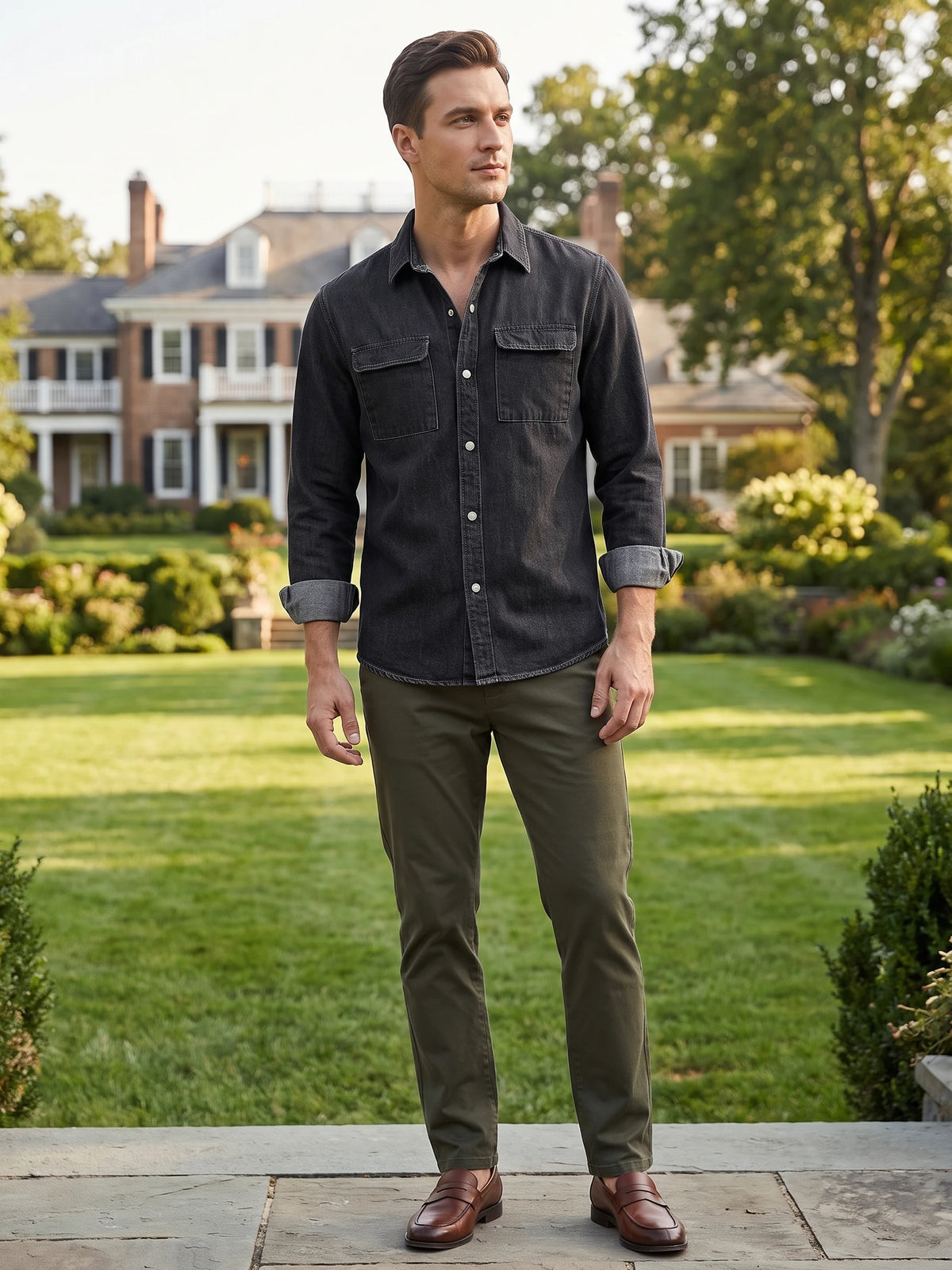 Model wearing a Black cotton Cowboy Shirt with two flap chest pockets while standing on a garden path outside a house.