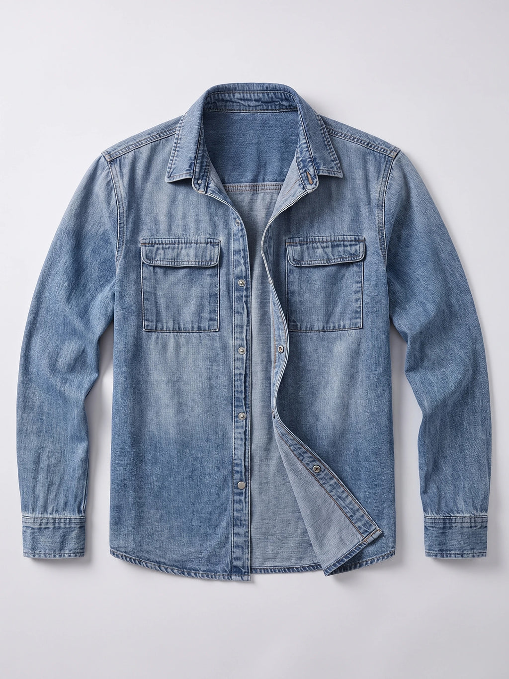 Blue cotton denim Cowboy Shirt laid flat, showing a button front, pointed collar, long sleeves, and two flap chest pockets.