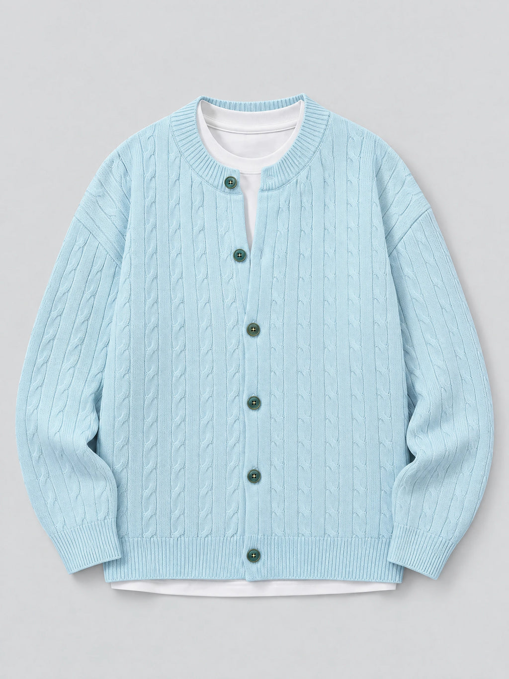 Blue crewneck cardigan laid flat, featuring cable-knit panels, front buttons, and ribbed cuffs and hem.