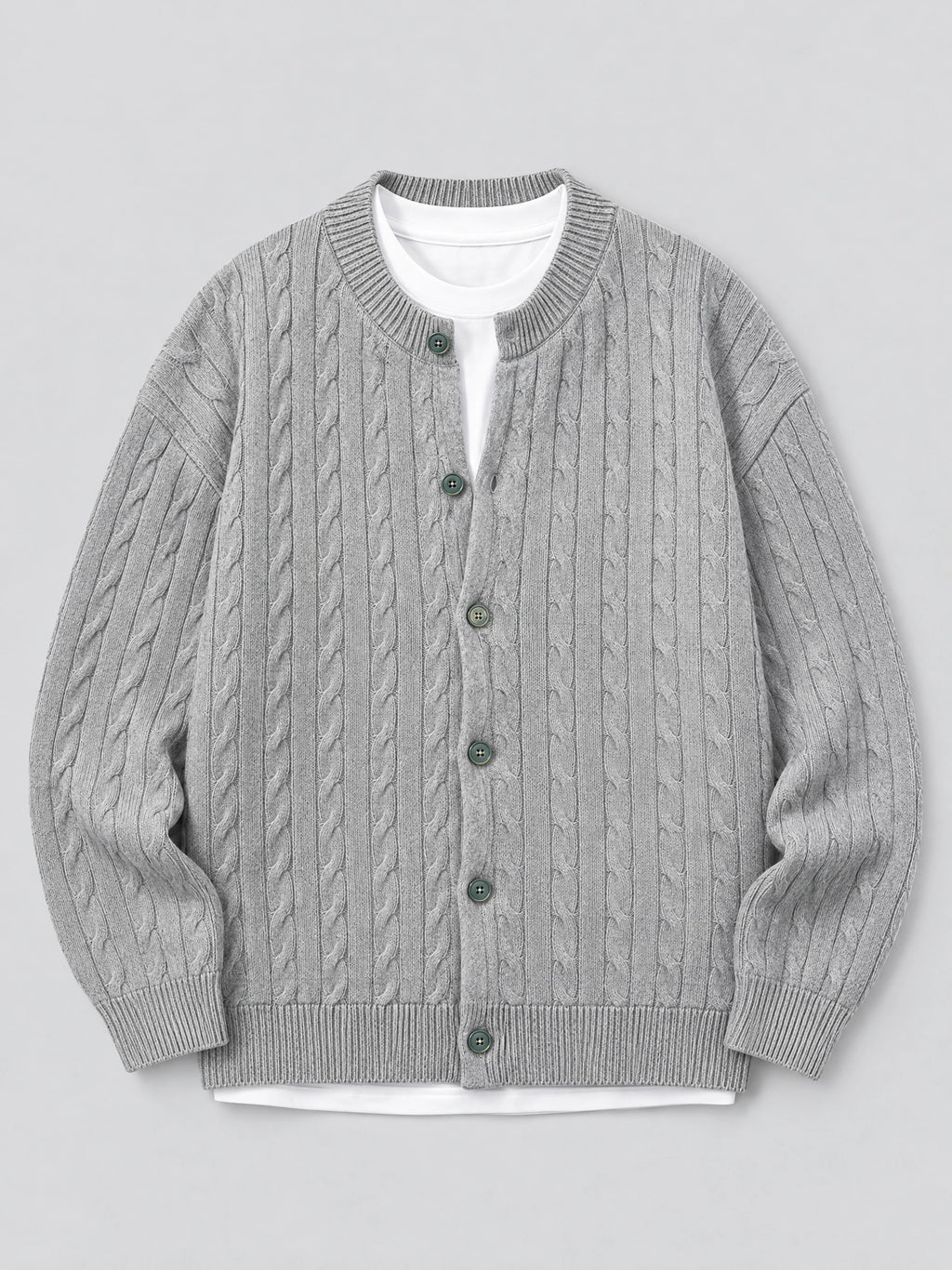 Gray crewneck cardigan laid flat, featuring cable-knit texture, ribbed trim, and a button-front closure.