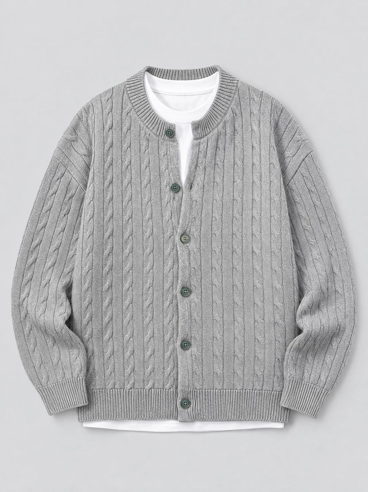 Gray crewneck cardigan laid flat, featuring cable-knit texture, ribbed trim, and a button-front closure.