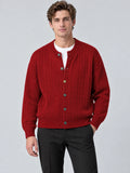 Front studio view of a model wearing a Red crewneck cardigan with cable-knit texture and button-front closure.