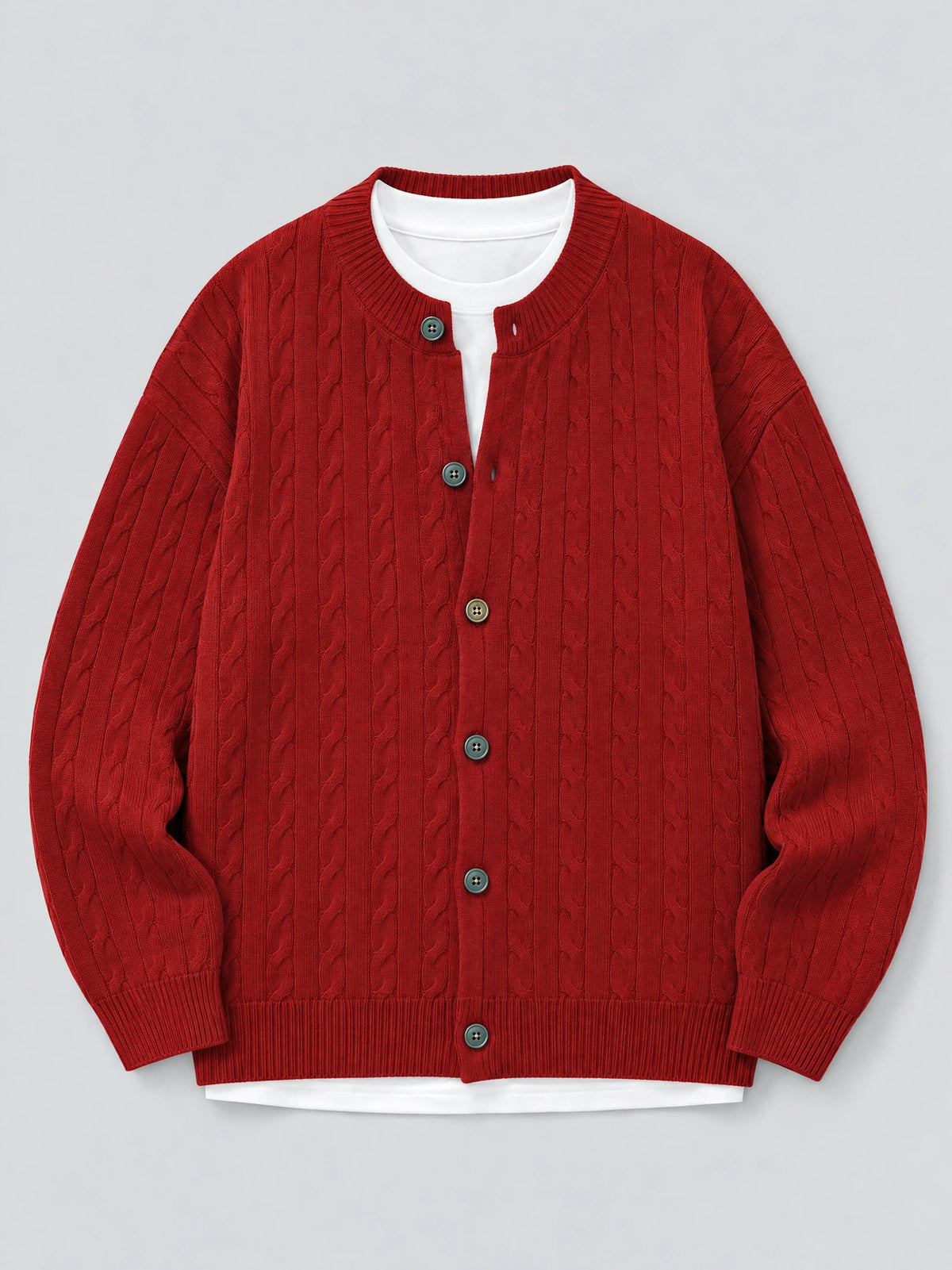 Red crewneck cardigan laid flat, featuring a cable-knit texture, ribbed trim, and front button closure.