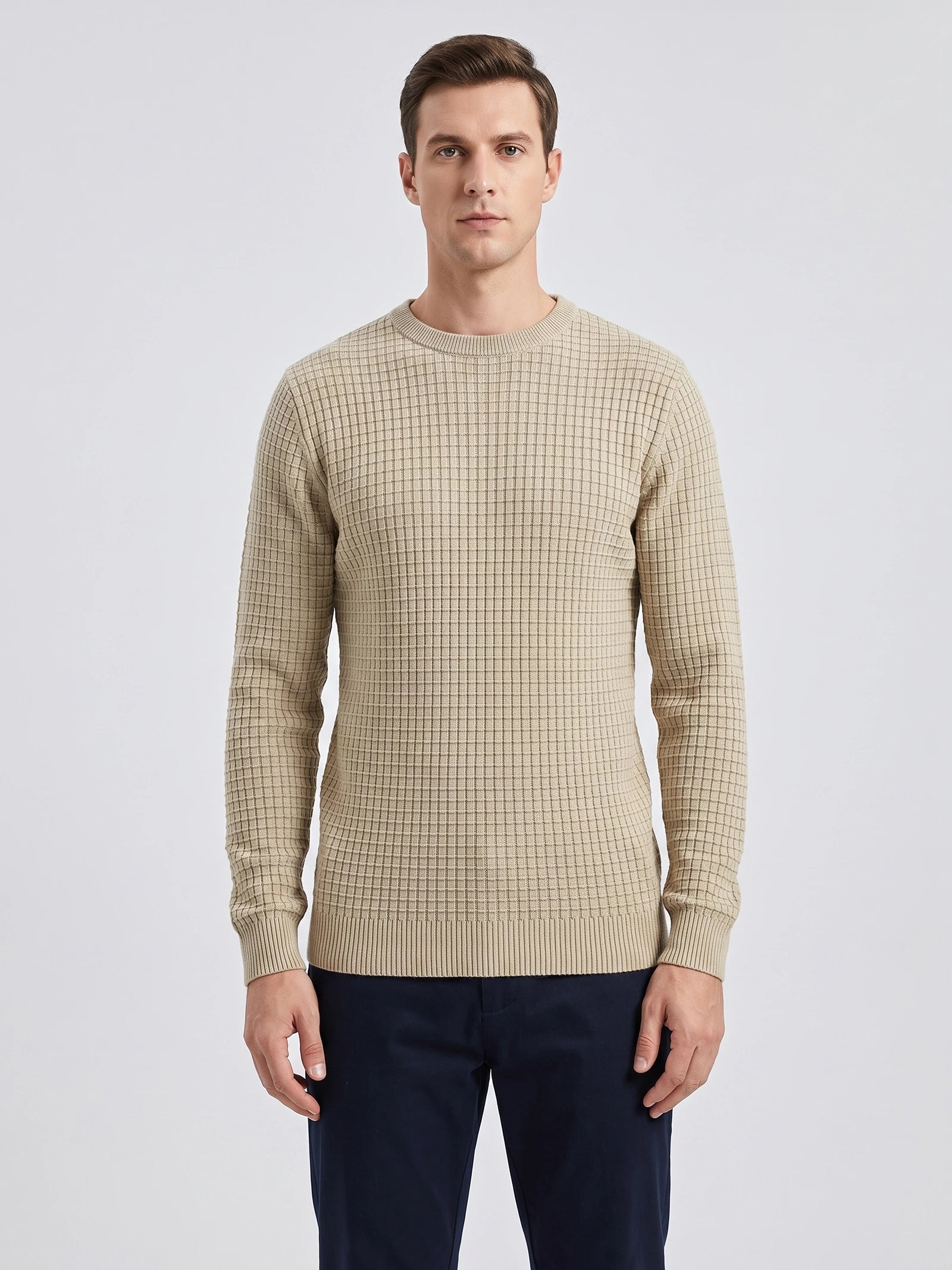 Front studio view of a model wearing a Beige Men's Crewneck Sweater with textured grid knit and ribbed trim.