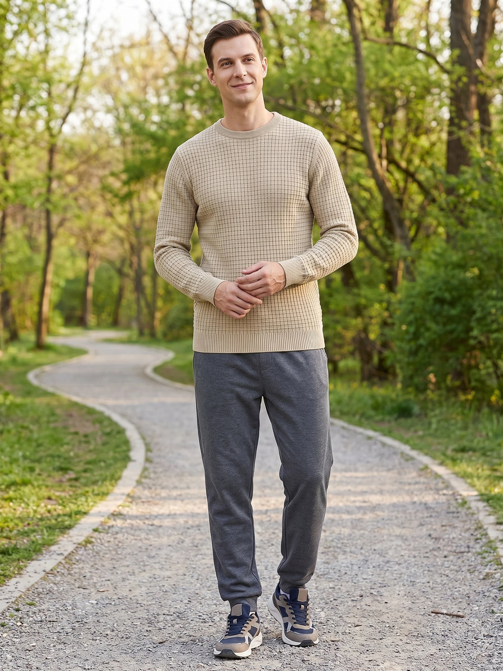 Man wearing a Beige Men's Crewneck Sweater with a textured grid knit while walking on a tree-lined park path.