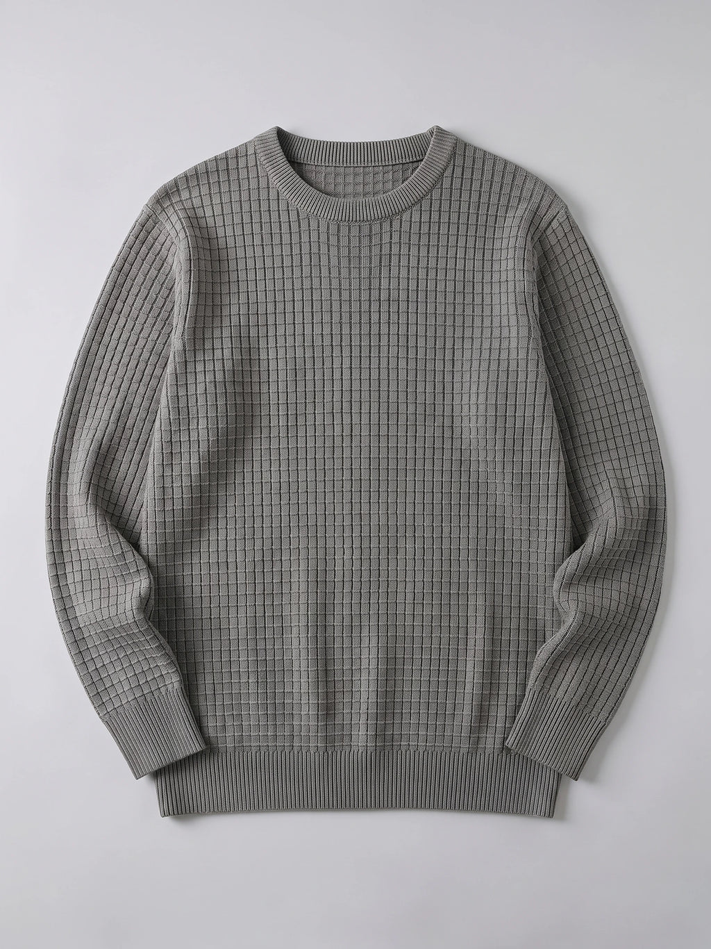 Gray men's crewneck sweater laid flat, featuring a textured grid knit with ribbed collar, cuffs, and hem.