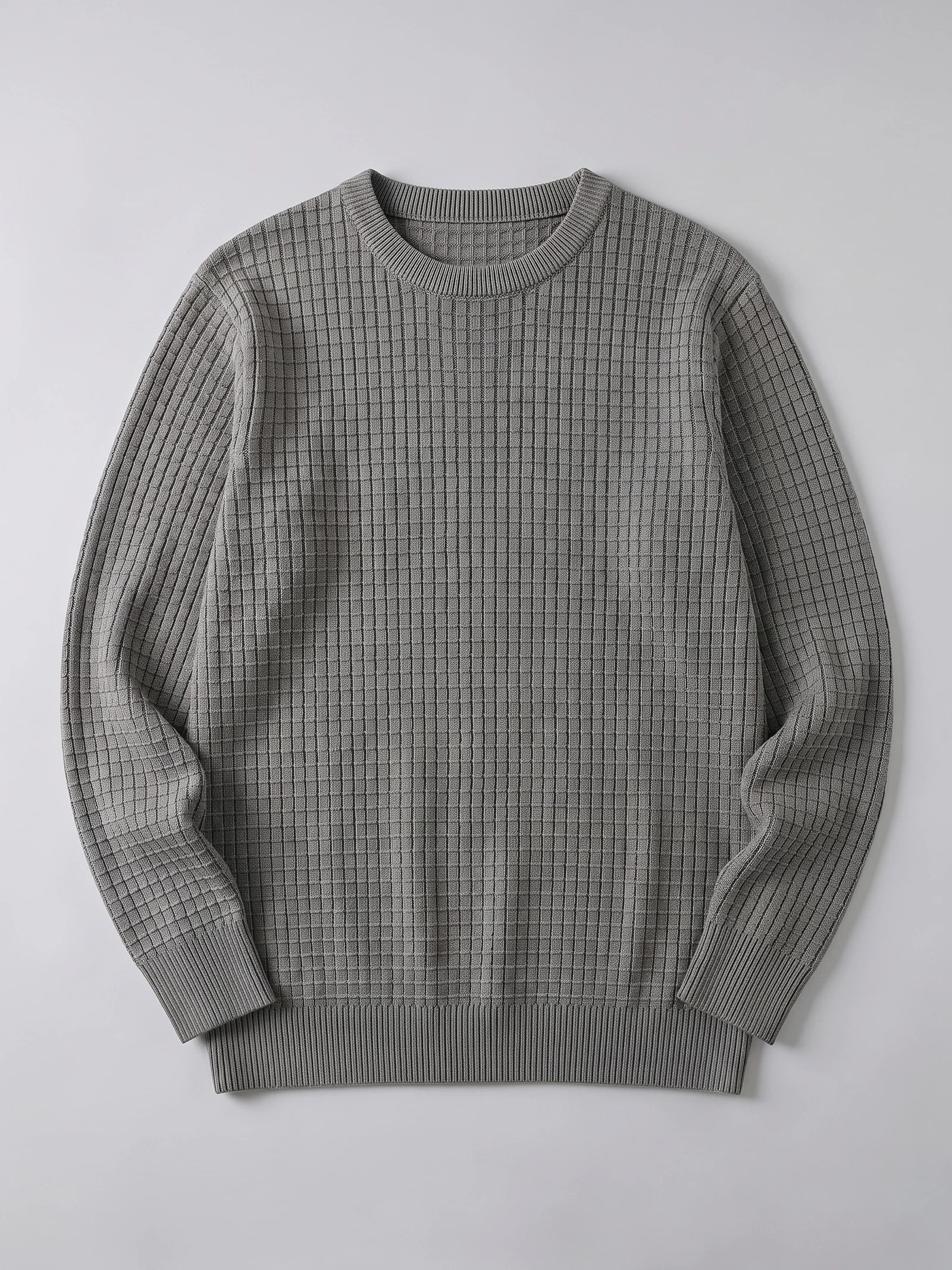 Gray men's crewneck sweater laid flat, featuring a textured grid knit with ribbed collar, cuffs, and hem.