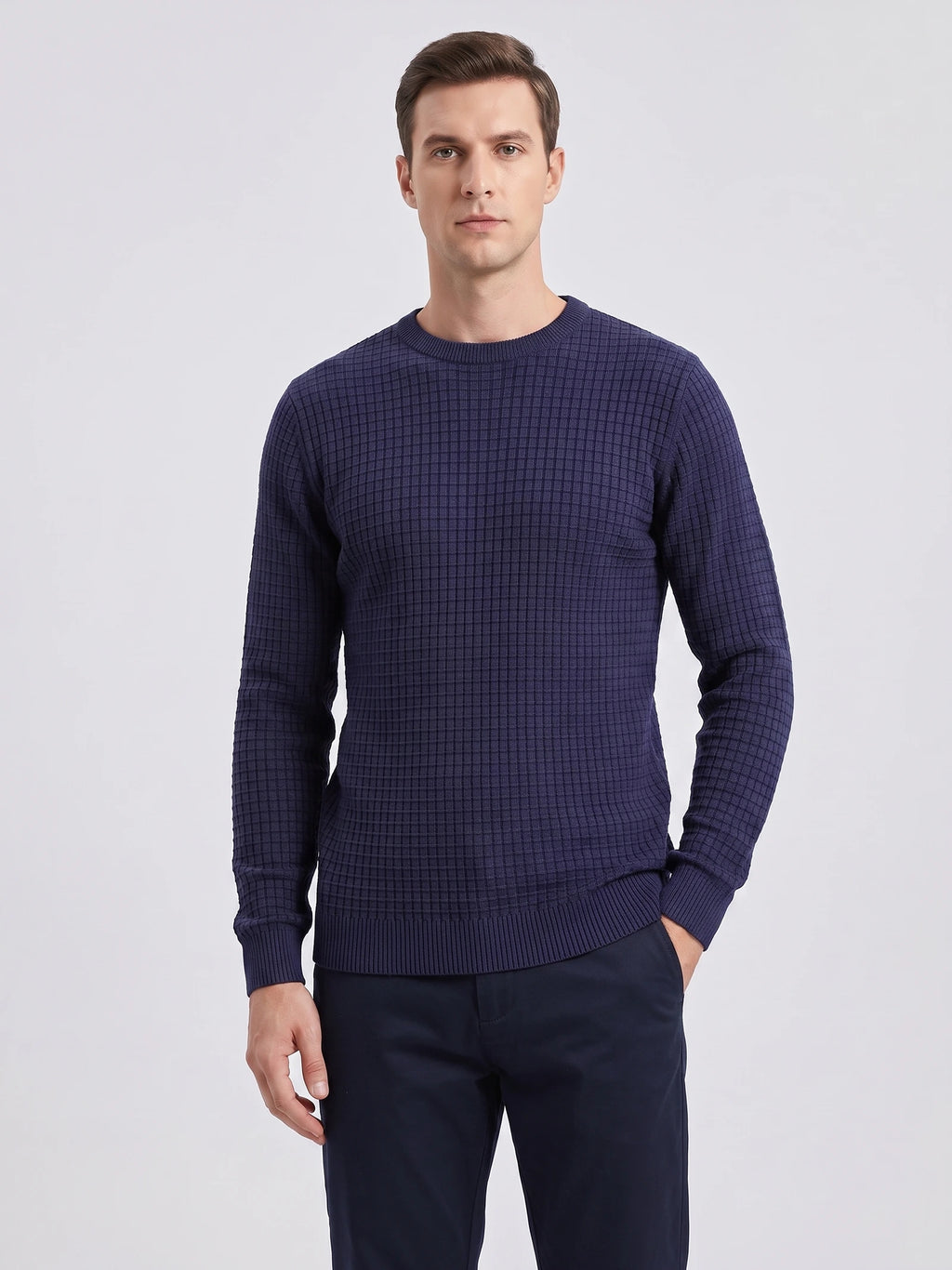 Front studio view of a model wearing a Navy Men's Crewneck Sweater with textured knit panels and ribbed trim.