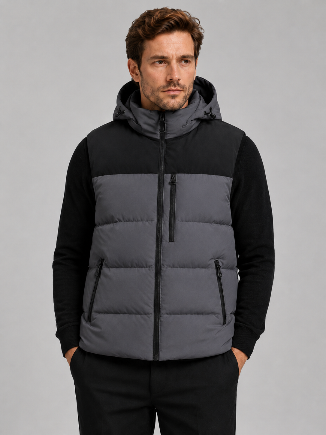 Front view of a man wearing a dark gray hooded puffer vest with a windproof shell, thick insulation, sleeveless design, and full zip front