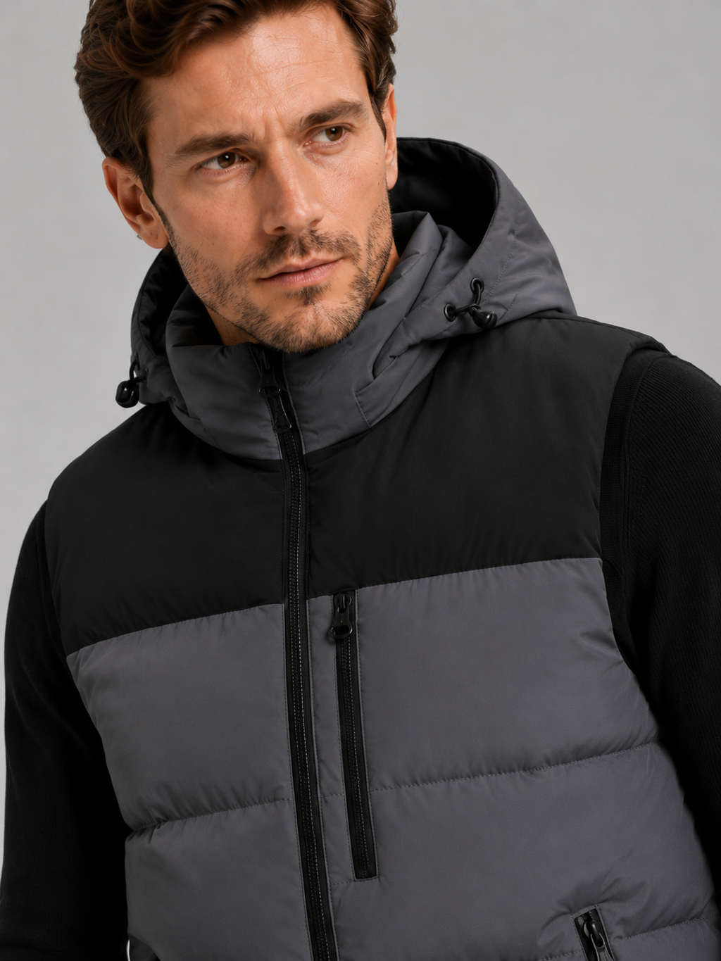 Close-up of a dark gray hooded puffer vest showing the windproof fabric, thick insulation, zipper closure, hood, pockets, armholes, and stitching details