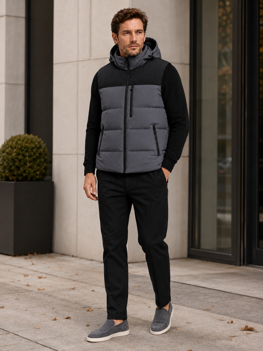 Man wearing a dark gray hooded puffer vest in a casual fall winter outfit for outdoor and everyday wear