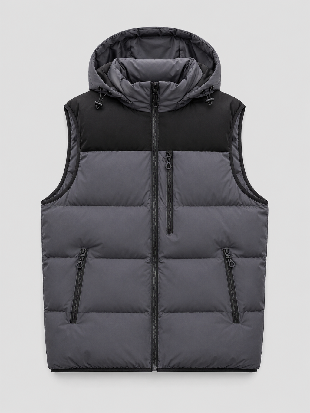 Dark gray men’s hooded windproof puffer vest with thick padding and zip-up front displayed on a plain background