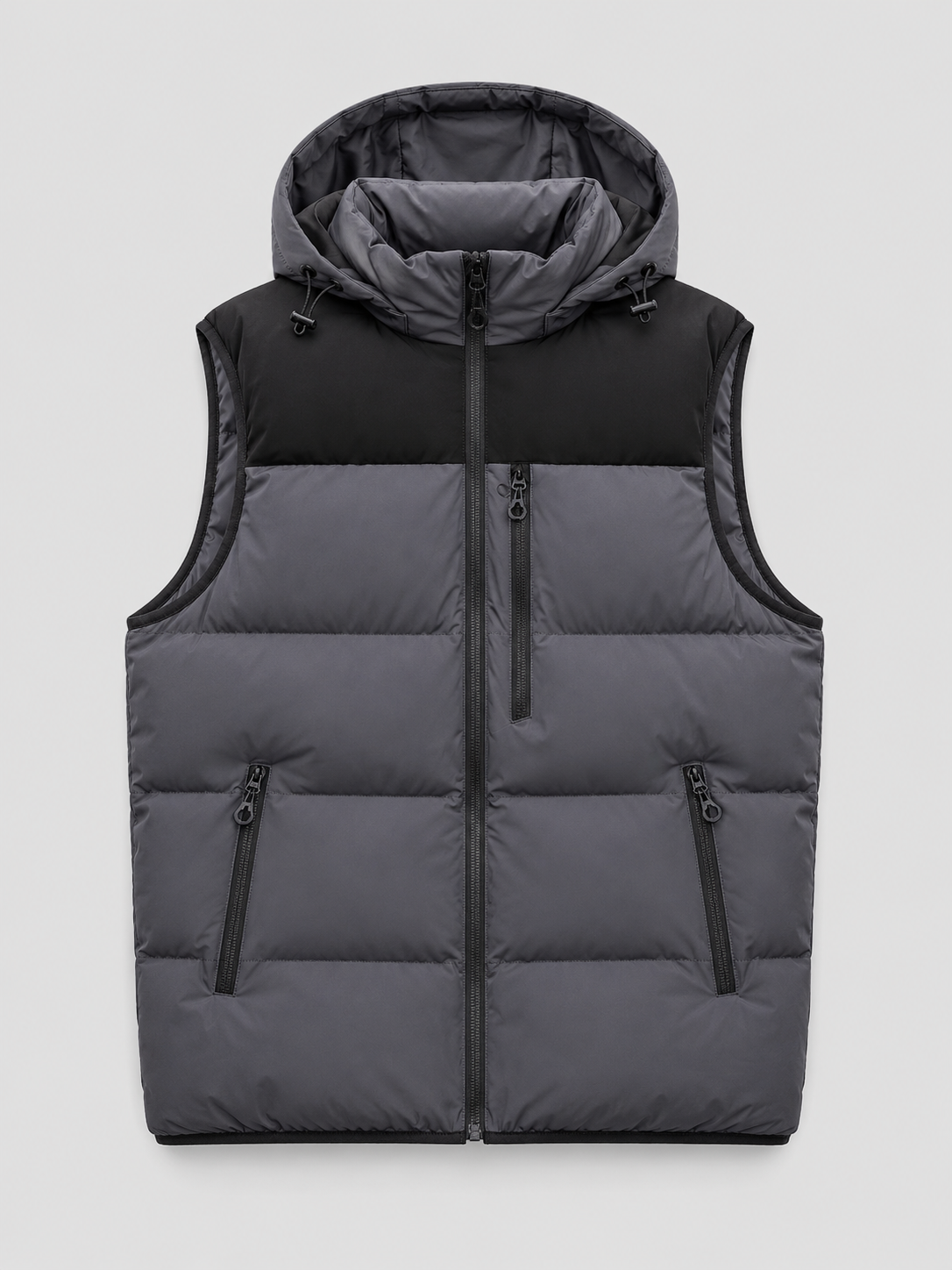 Dark gray men’s hooded windproof puffer vest with thick padding and zip-up front displayed on a plain background