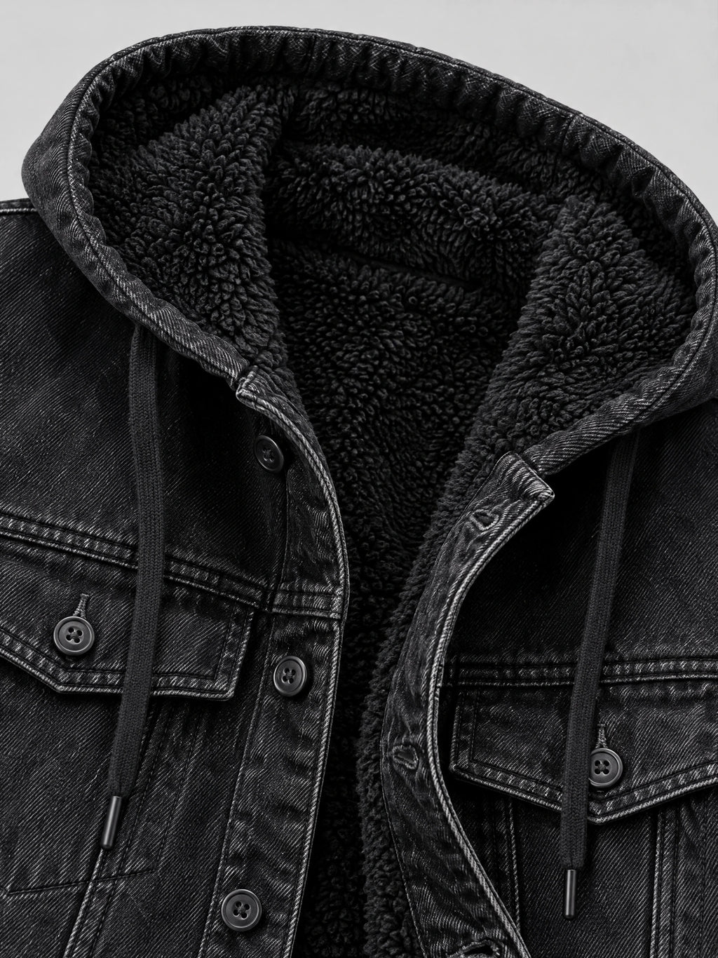 Close-up of the Black mens denim hoodie showing its plush fleece-lined hood, drawstrings, chest pockets, and button-front denim.