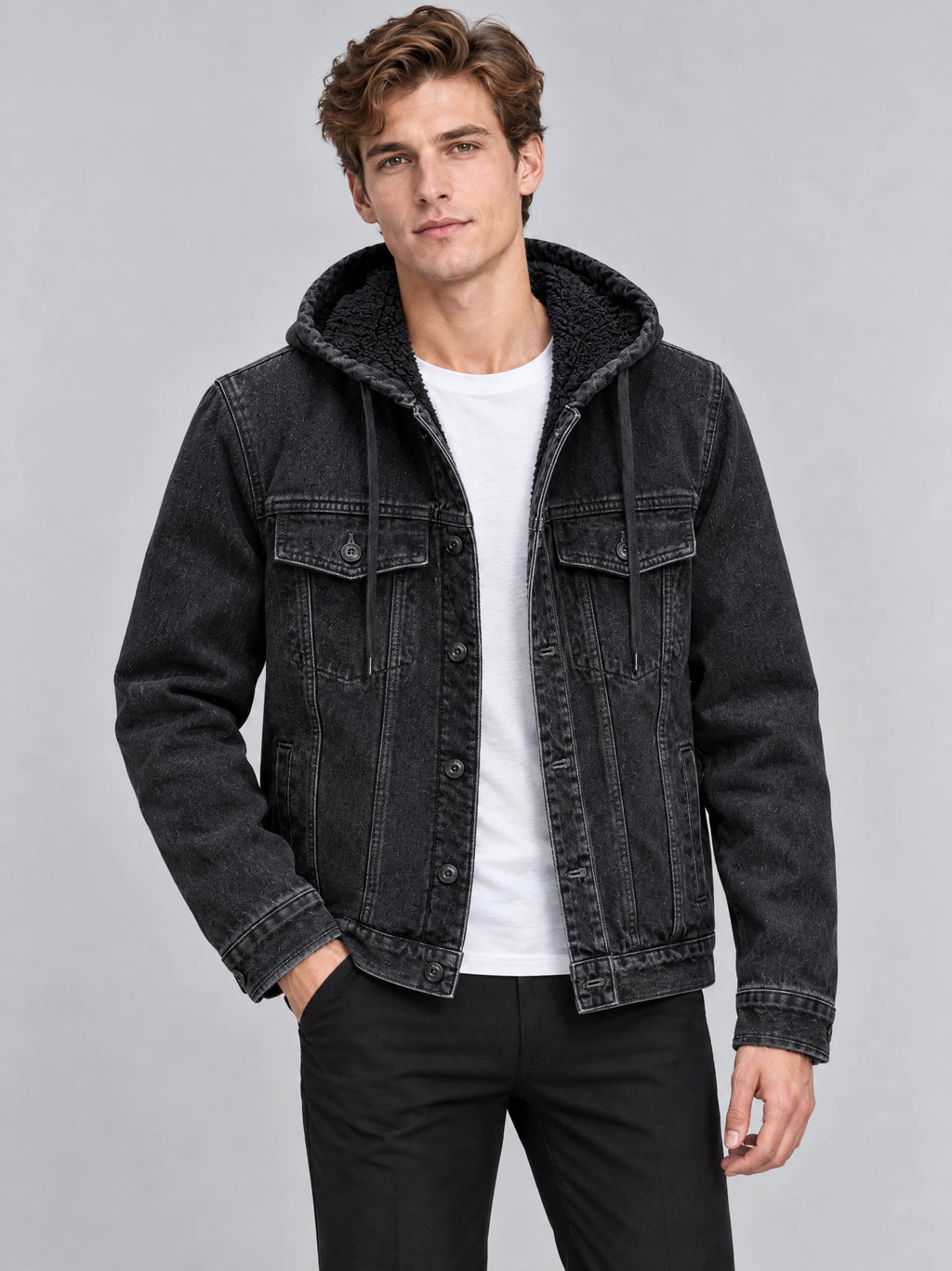 Front studio view of a model wearing a Black mens denim hoodie jacket with a fleece-lined hood and buttoned chest pockets.