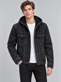Front studio view of a model wearing a Black mens denim hoodie jacket with a fleece-lined hood and buttoned chest pockets.