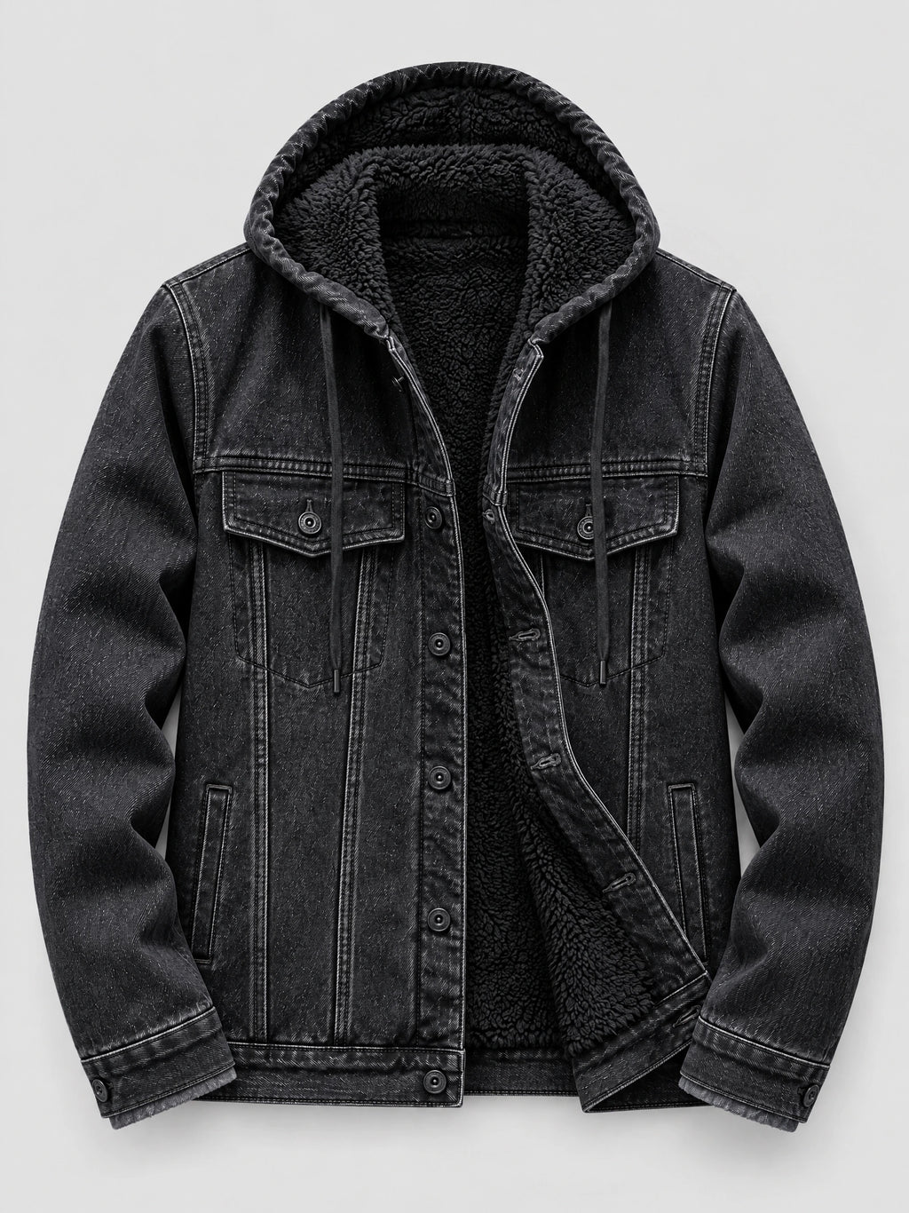 Black mens denim hoodie jacket laid flat with a fleece-lined hood, button front, and flap chest pockets.