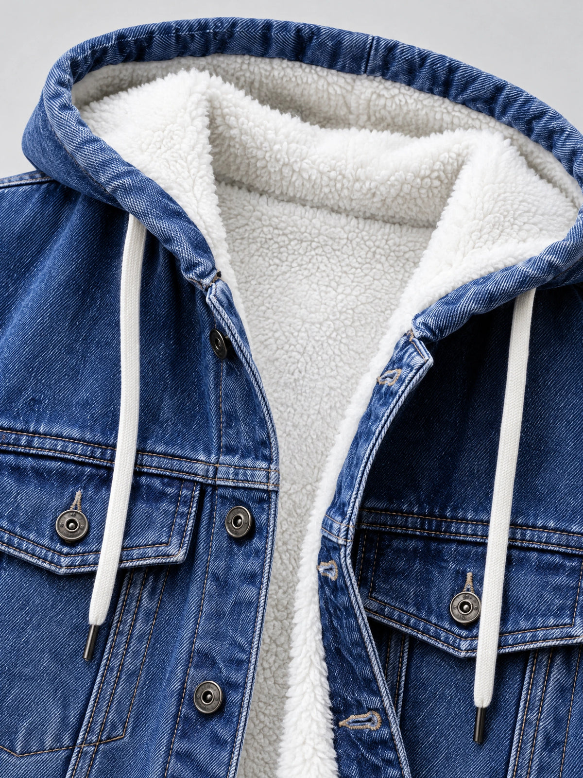 Close-up of the Blue mens denim hoodie showing its fleece-lined hood, drawstrings, and front snap-button placket.