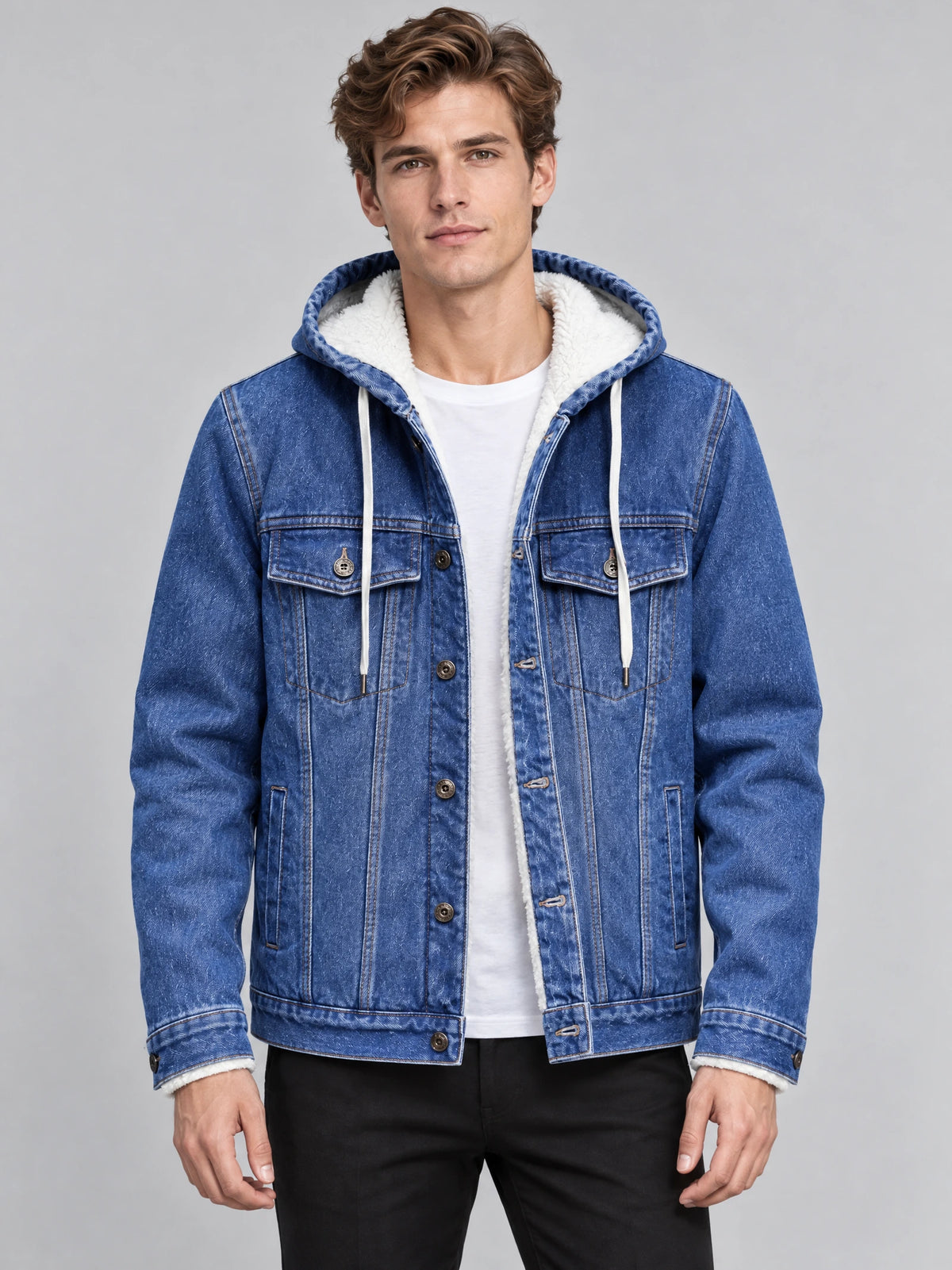 Front studio view of a model wearing a Blue mens denim hoodie jacket with a fleece-lined hood and buttoned chest pockets.