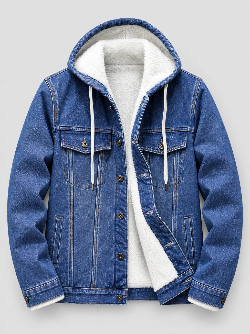 Blue mens denim hoodie jacket laid flat with a hood, fleece lining, button front, and flap chest pockets.