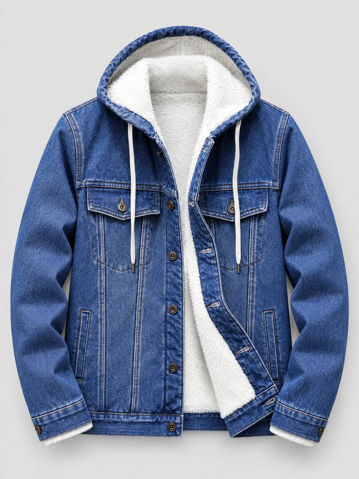 Blue mens denim hoodie jacket laid flat with a hood, fleece lining, button front, and flap chest pockets.