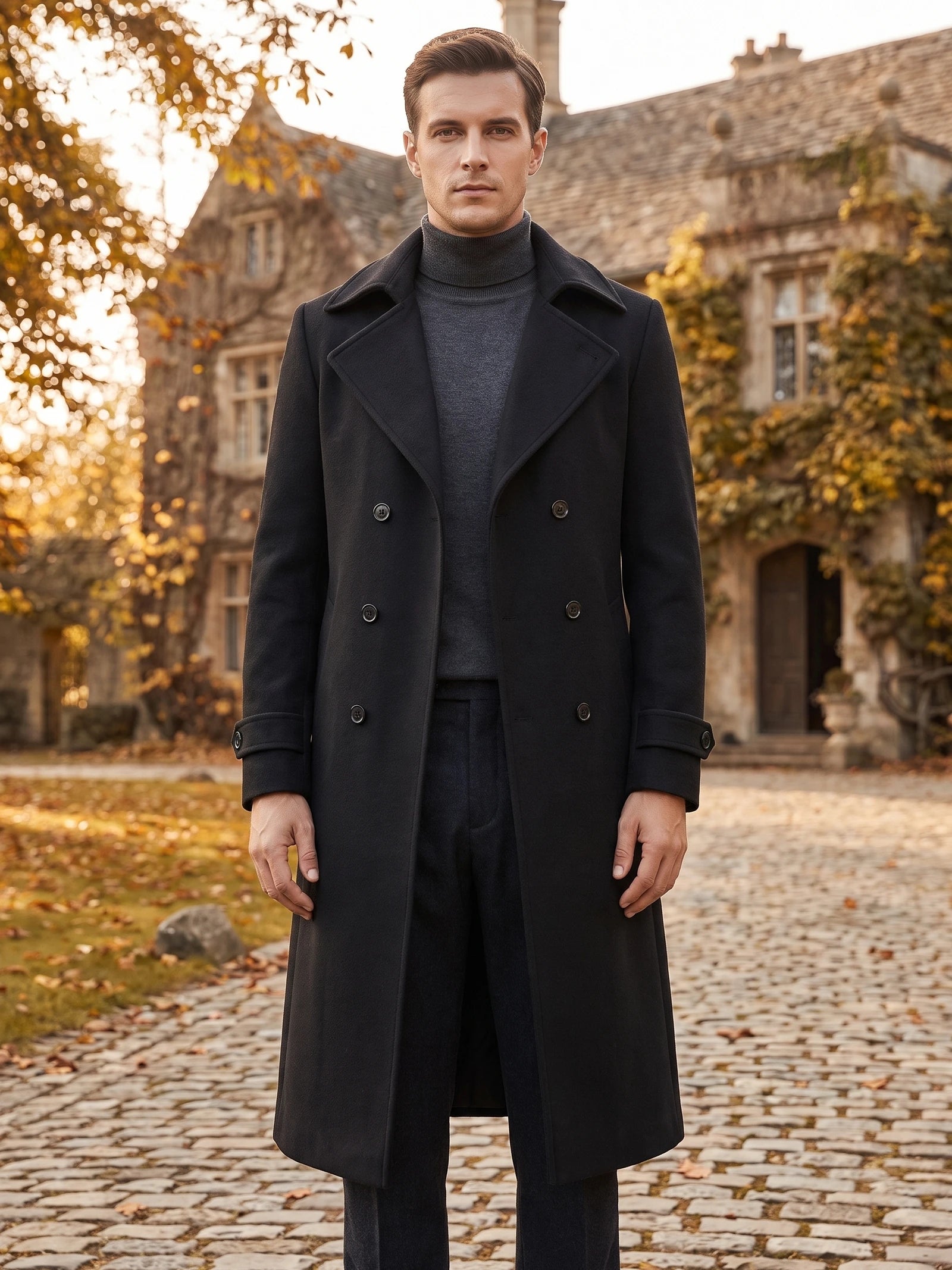 Model wearing a Black double-breasted trench coat with wide lapels and cuff tabs on a cobblestone path before a stone building.