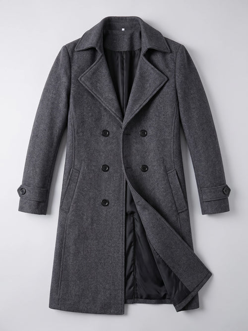 Gray men’s double-breasted trench coat laid flat, featuring wide lapels, buttoned cuffs, and an open front showing the lining.