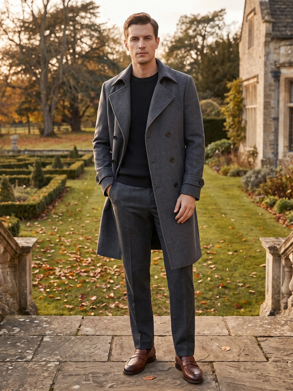 Man wearing a Gray double-breasted trench coat with a turn-down collar on a garden path beside a stone house.