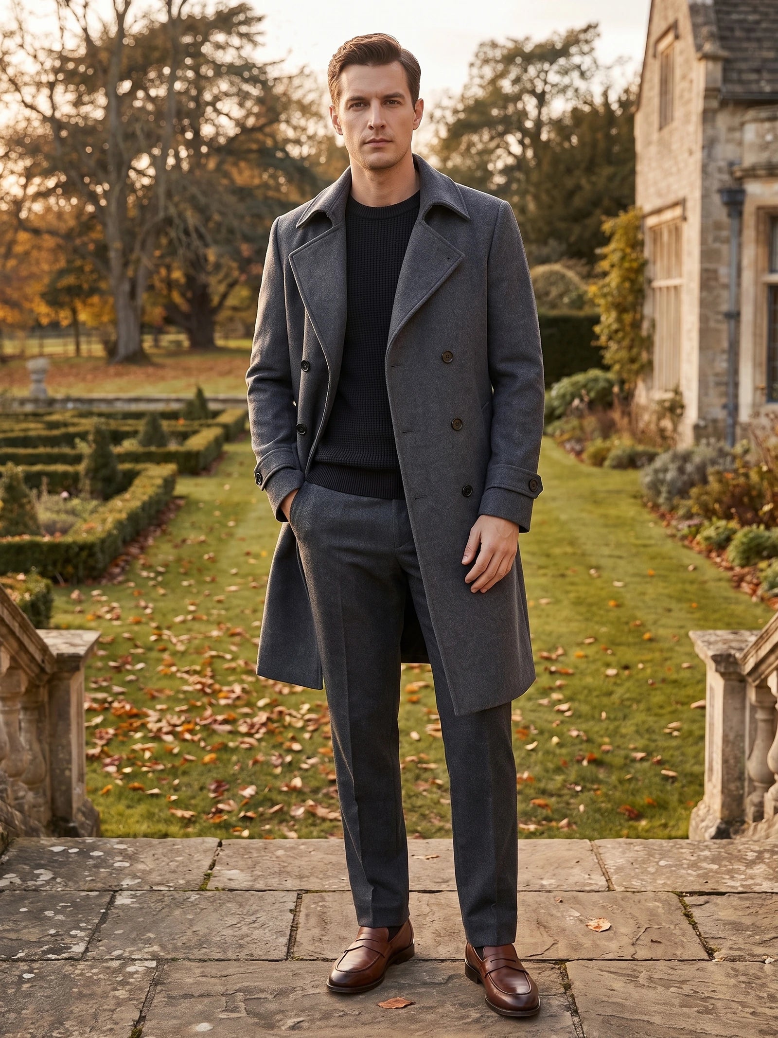 Man wearing a Gray double-breasted trench coat with a turn-down collar on a garden path beside a stone house.