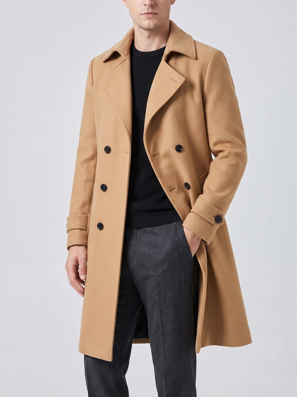 Front studio view of a model wearing a Khaki double-breasted Trench Coat with wide lapels and buttoned cuff tabs.