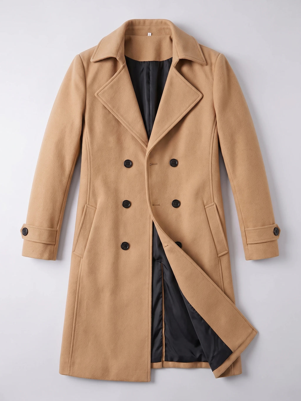 Khaki men’s double-breasted trench coat laid flat, showing the turn-down collar, buttoned cuffs, front pockets, and open lining.