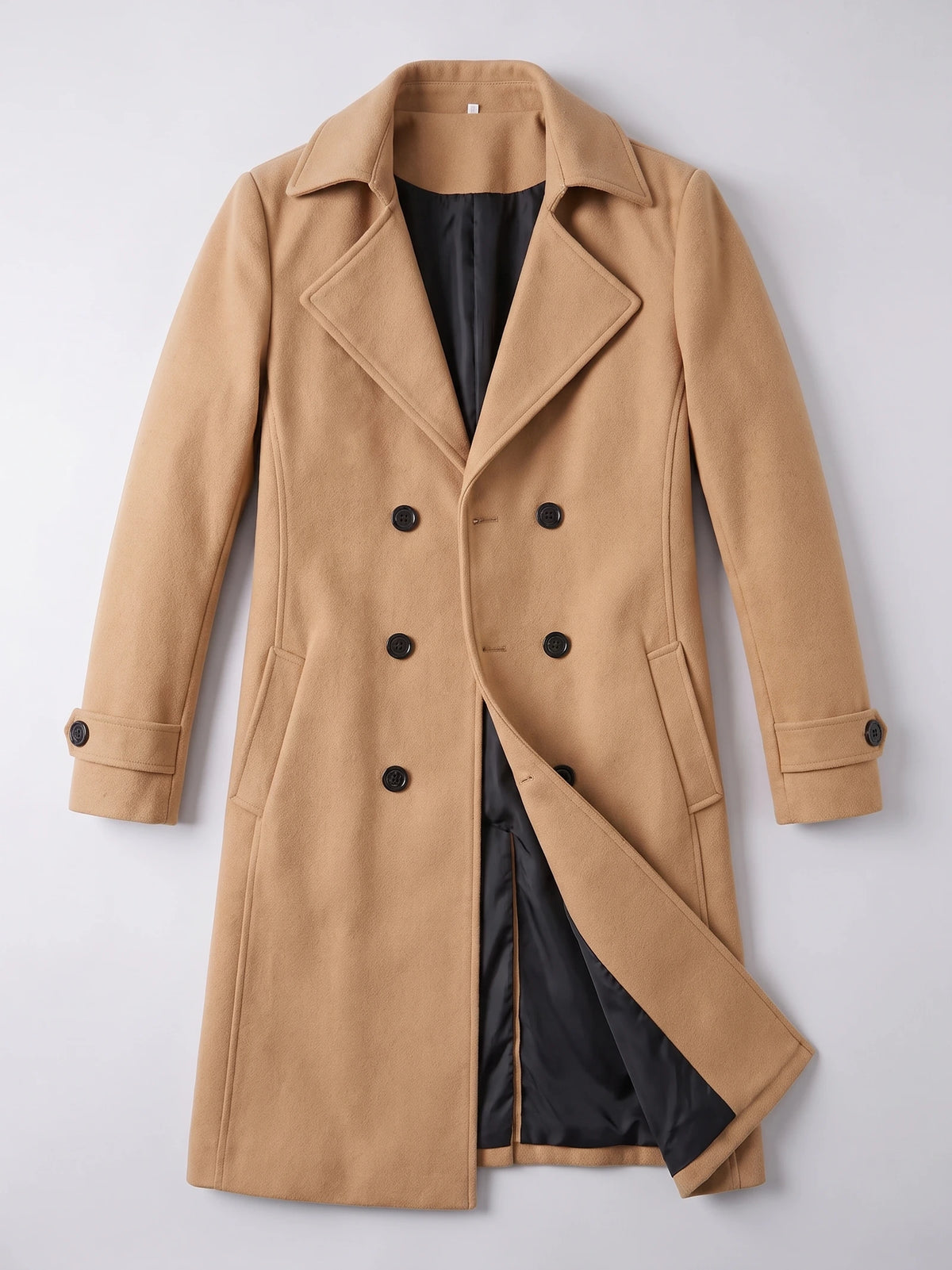 Khaki men’s double-breasted trench coat laid flat, showing the turn-down collar, buttoned cuffs, front pockets, and open lining.