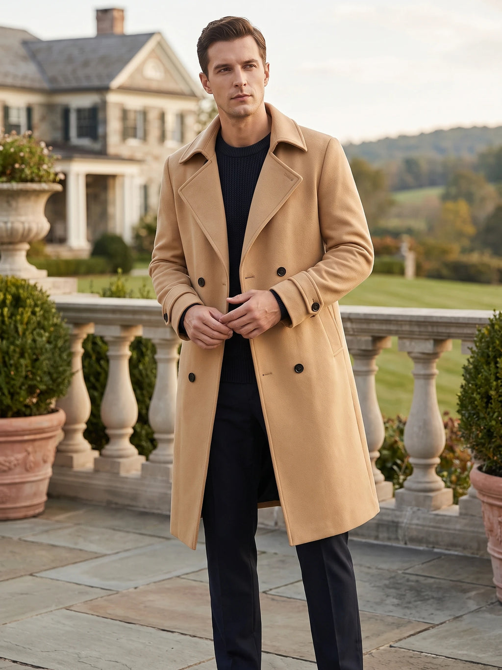 Model wearing a Khaki double-breasted trench coat on a stone terrace outside a country home.